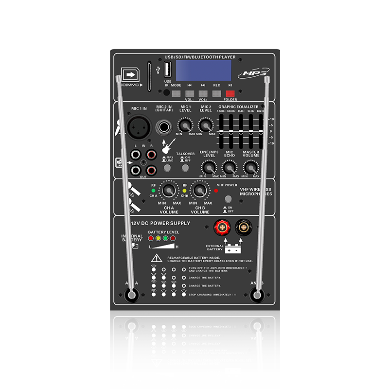 PL13-5EQ: قناتان للميكروفون ووحدة تحكم في مستوى الصوت مع مكبر صوت قابل لإعادة الشحن ومعادل رسومي 5 نطاقات