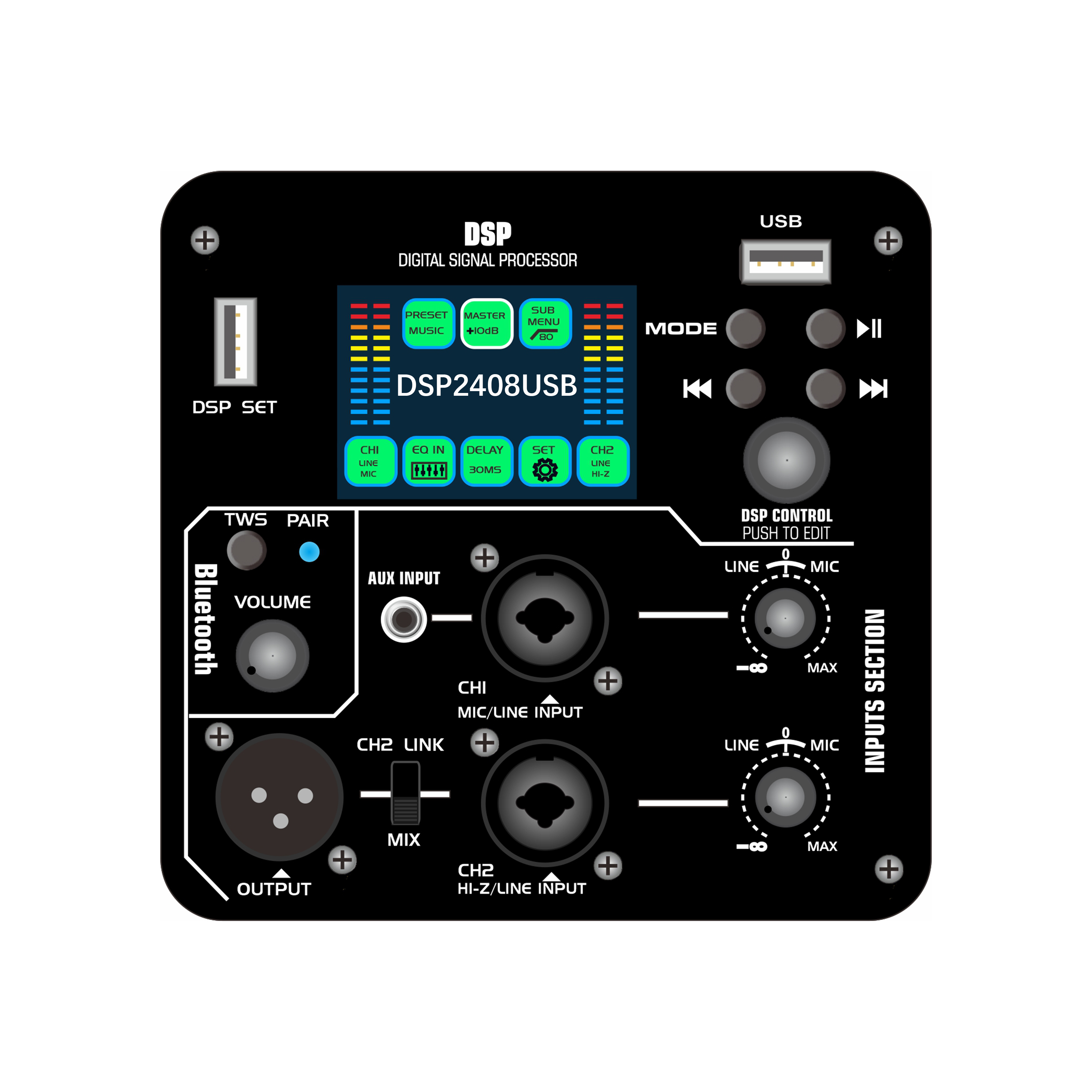 DSP2408USB شاشة ملونة DSP مضخم الطاقة النشط مع وظيفة تشغيل الصوت لمحرك أقراص فلاش USB